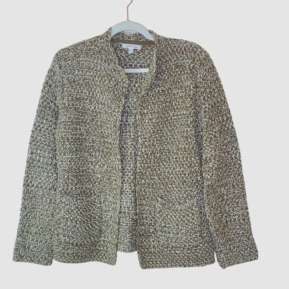 Orvis Green White Cotton Chunky Knit Cropped Cardigan Small